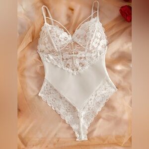 White Lace Bodysuit Lingerie for Women, Thin Straps, Size S, Sexy Intimates